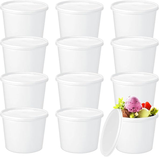 12 Pcs 1 Gallon Ice Cream Buckets with Lids 135 oz Round Plastic Food Storage Containers Cocktail Rum Bucket for Drinks Freezer Safe Ice Cream Tubs for Deli Soup Meal Flour(White)