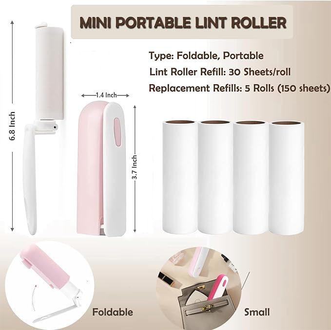 Mini Lint Roller with 150 Sheets, Travel Size Portable Lint Roller Compact Pet Hair Remover with 5 Refills, Sticky Small Lint Remover for Pocket Travel Essentials for Clothes (Pink)