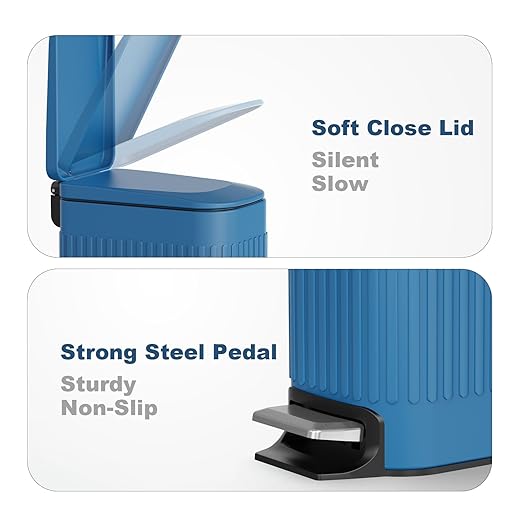 TrashAid Slim Bathroom Trash Can with Lid Soft Close, 6 Liter/1.6 Gallon Stainless Steel Small Garbage Can with Removable Inner Bucket, Step Pedal, Slim Wastebasket for Toilet, Office, Bedroom, Blue