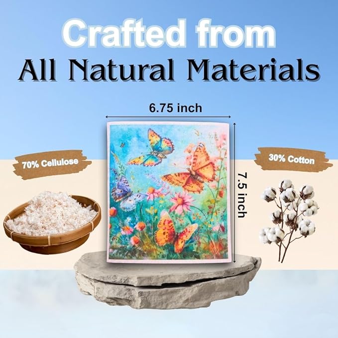 Swedish Dishcloths for Kitchen - Ecofriendly Reusable Paper Towels, Biodegradable Dish Cloths - Cellulose Sponge Dish Cloths for Washing Dishes - 8 Pack (Butterfly)