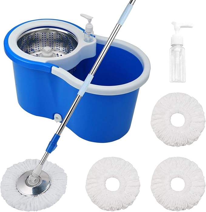 Spin Mop and Bucket with Wringer Set, 360° Spinning Mop Bucket System with 3 Microfiber Mop Replacement Heads and 61" Stainless Steel Adjustable Handle for Floor Cleaning (20QT)