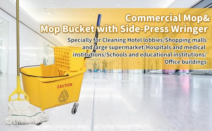 Commercial Mop Bucket with Side-Press Wringer for Floor Cleaning, 35 Quarts, Yellow, Including One Commercial Mop