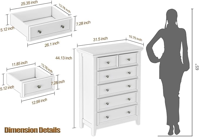 White Dresser for Bedroom, 6 Chest of Drawer, 6 Drawers Dresser Tall, Farmhouse Storage Drawers Cabinet for Living Room,Filing Cabinet for Home Office