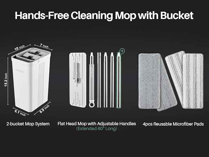 JOYMOOP Mop and Bucket Set with Wringer, Flat Mops for Floor Cleaning, Wall Mop Cleaner with Long Handle, Hardwood Floor Mop with 4 Microfiber Pads