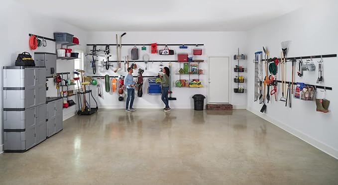 Rubbermaid 24-Piece FastTrack Garage Wall-Mounted Storage Kit, 6 Rails and 18 Hooks, Black, for Home/House/Tool/Sports/Equipment/Utility Purposes