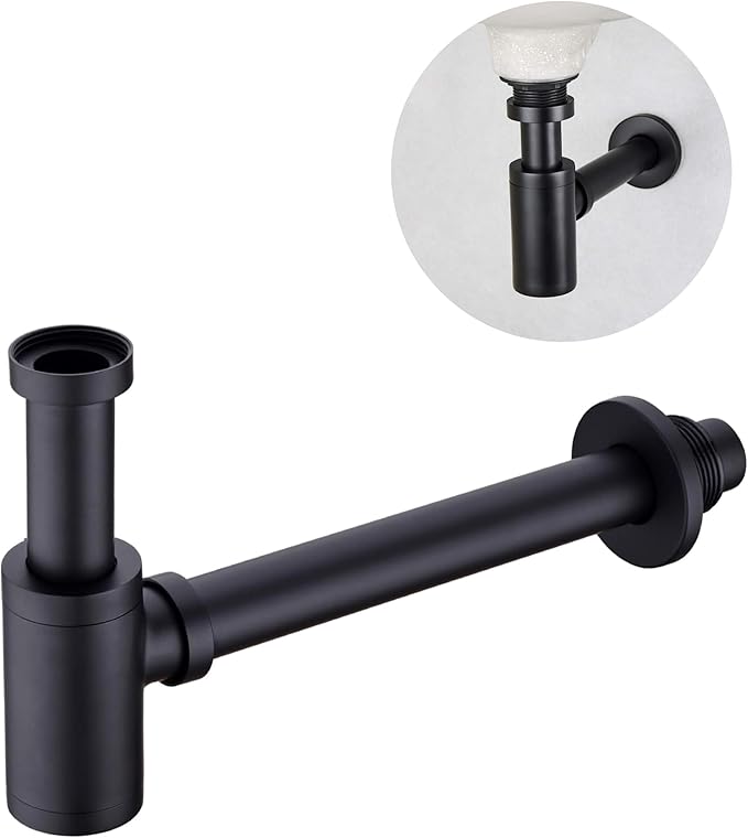 Round Bottle P-Trap 1 1/4 Adjustable Bathroom Basin Sink Waste Trap Drain Kit, Bathroom Bottle P Trap Waste Pipe, Matte Black