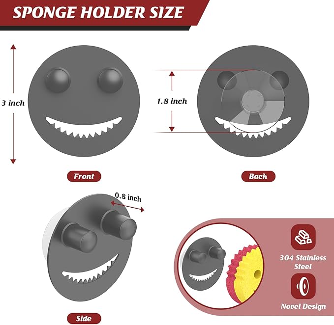 Sponge Holder for Kitchen Sink,Sink Caddy Organizer with Suction Cup Installation for Kitchen/Bathroom, Self Draining,Sponge Caddy for Holding Smiley Sponges-Gray