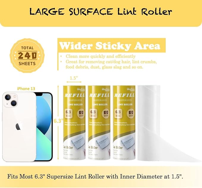 Large Surface Lint Roller Extra Sticky Refills, Total 240 Easy Tear Sheets, Insert Tube Measures 1.5" and Fits Most Supersize 6.3'' Wider Lint Roller, Works Great On Pet Hair(Pack of 4)