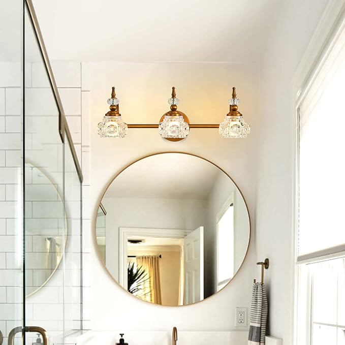 WJShome Vintage Bathroom Vanity Light Fixture, 3 Lights Bathroom Lighting Matte Brushed Antique Brass Finish with Crystal Glass Shade, Vintage Vanity Light for Bathrooms