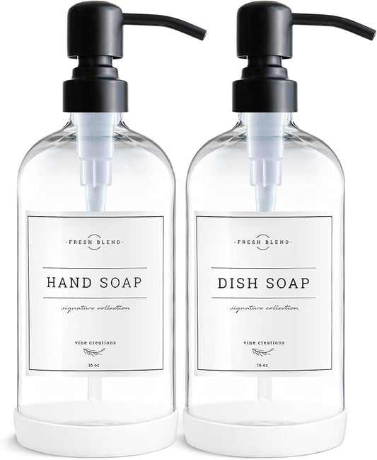 Vine Creations Clear Glass Soap Dispenser, 2 Pack Kitchen Soap Dispenser Set with Stainless Steel Pump, 16 oz Dish Soap and Hand Soap Dispensers for Bathroom with Waterproof Labels