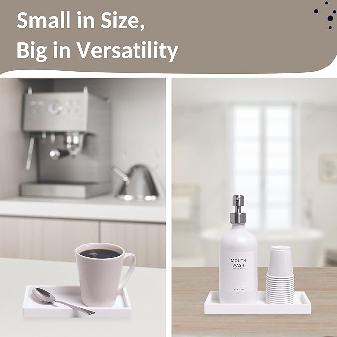 Countertop and Vanity Tray - Small 7.7” Silicone Tray for Soap Dispenser, Bathroom Trays, Dish Soap Trays for Kitchen Counter, Sink Caddy Sinks Organizer, Soaps Dish & Sponge Holder, White