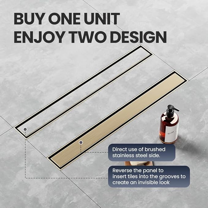 Linear Shower Drain 12 Inch Gold, Shower Drain with 2-in-1 Tile Insert Panel, Brushed AISI 304 Stainless Steel Linear Drain for Fast Drainage, Floor Drain for Bathroom, Kitchen, Garage & More
