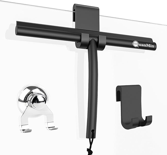 Shower Squeegee with Hook & Sucker - Stainless Steel Core | Silicone Rubber Glass Wiper for Shower Doors, Windows, Mirrors & Car Glass - Black