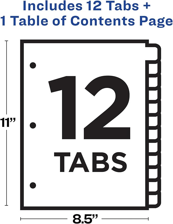 Avery Dividers for 3 Ring Binders, 12 Tabs per Set, Customizable Table of Contents, Multicolor Tabs, Great for Organizing Reports, Projects, and More (11141)