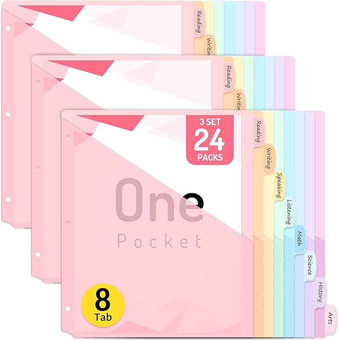 Forvencer 24 Count Dividers for 3 Ring Binder, 8 tabs Binder Dividers with Pocket for US Letter Size, Binder Dividers with Tabs for School Office and Home Organization, Multicolor, 3 Sets