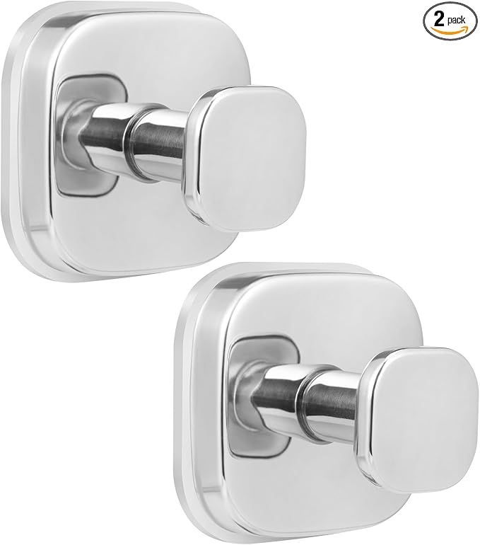 Suction Cup Hooks for Shower - Reusable No-Drill Mounting - Hooks for Towels, Robes & Loofah on Metal, Glass, Mirrors, Tile & Smooth Non-Porous Surfaces (2, Chrome Polished)