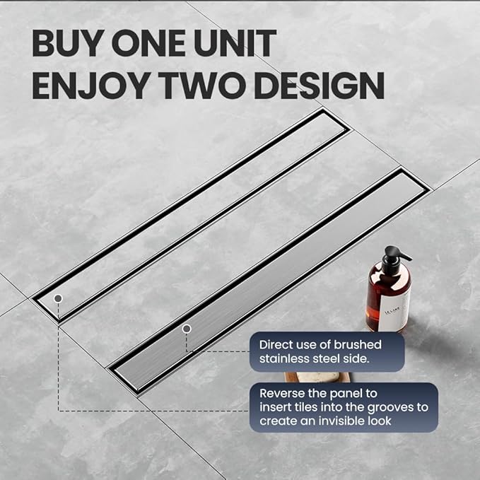 Linear Shower Drain 54 Inch, Brushed AISI 304 Stainless Steel Shower Drain with 2-in-1 Tile Insert Panel, for Bathroom, Kitchen, Garage & More