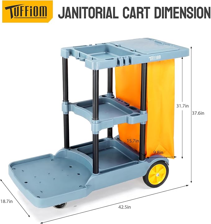 TUFFIOM Commercial Traditional Cleaning Janitorial 3-Shelf Cart, 500 Lbs Capacity Housekeeping Cart, 42.5" L x 18.7" W x 37.6" H, Wheeled with 22 Gallon Yellow Vinyl Bag and Cover w lid, Blue