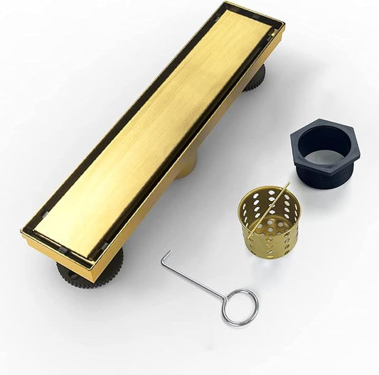 Linear Shower Drain, 12 inch Gold Drain with Tile Insert 2-in-1 Panel, Brushed 304 Stainless Steel Gold Shower Floor Drain, Linear Drain with Hair Strainer and Adjustable Feet