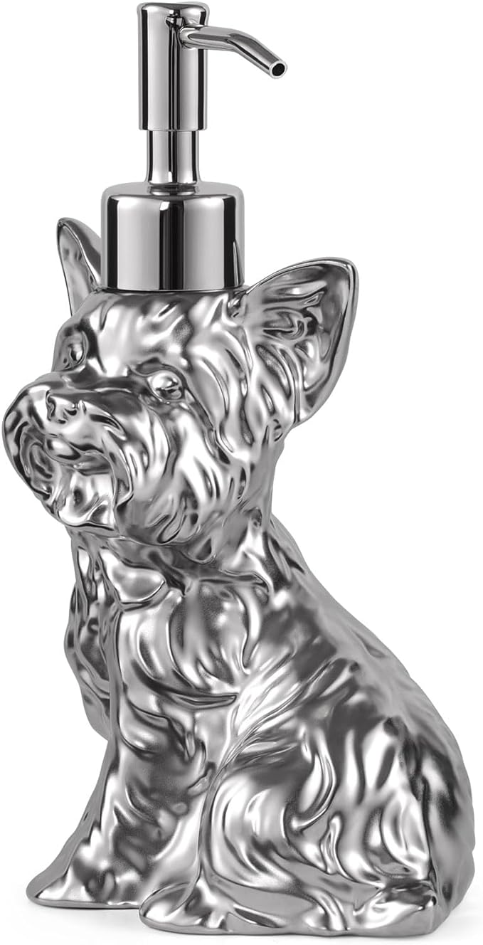 Yorkshire Terrier Shaped Soap/Lotion/Hand Sanitizer Dog Lover Stainless Steel Pump Dispenser for Dog Gifts, Refillable for Kitchen and Bathroom(Silver)