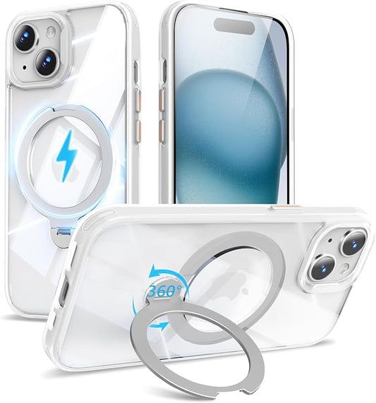 360° Spin Invisible Magnetic Stand for iPhone 15 Case [Military Grade Shockproof] [Compatible with MagSafe] Slim Translucent Matte Phone Case for iPhone 15 (6.1"), White