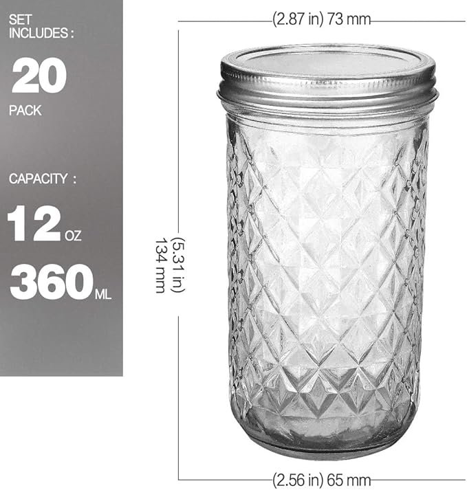 VERONES Mason Jars 12 OZ, Canning Jars Jelly Jars With Regular Lids, Ideal for Jam, Honey, Wedding Favors, Shower Favors, 20 PACK