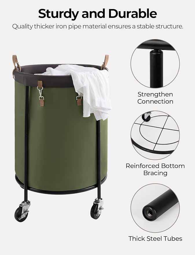 StorageWorks 170L Rolling Laundry Basket, Clothes Hamper with Wheels, Round Clothing Cart with Steel Frame and Removable Bag, 4 Casters and 2 Brakes, Green, 1-Pack