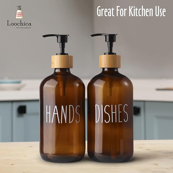 2 Pack Amber Glass Soap Dispenser with Plastic Pump, Brown Dish and Hand Soap Dispenser Set, Refillable Reusable Apothecary Soap Pump Dispenser Bottles for Bathroom and Kitchen