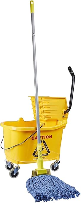 Amazon Basics Side Press Wringer Combo Commercial Floor Cleaning Rectangular Mop Bucket on Wheels, 35-Quart, Yellow