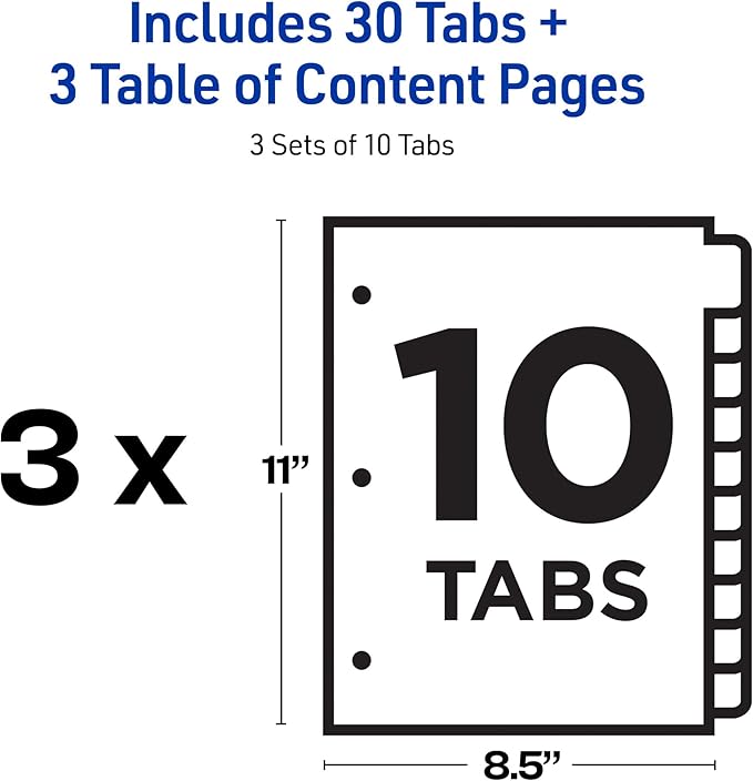 Avery Dividers for 3 Ring Binders, 10 Tabs per Set, Customizable Table of Contents, Multicolor Tabs, Great for Organizing Reports, Projects, and More (3 Sets of 11072)