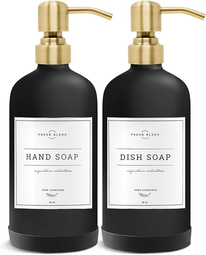 Vine Creations Black Glass Soap Dispenser, 2 Pack Kitchen Soap Dispenser Set with Stainless Steel Pump, 16 oz Dish Soap and Hand Soap Dispensers for Bathroom with Waterproof Labels