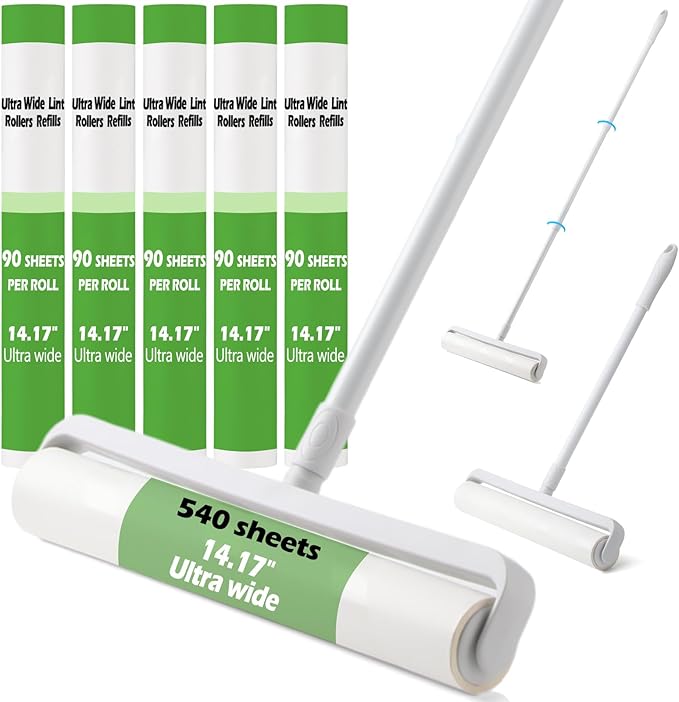 14.17" Large Lint Rollers for Pet Hair Extra Sticky 540 Sheets Roller with 45 Inch Extendable Long Handle Hair Mop for Cleaning Carpet Clothing, Couch Furniture Wall Cleaner Mop Dust Remover