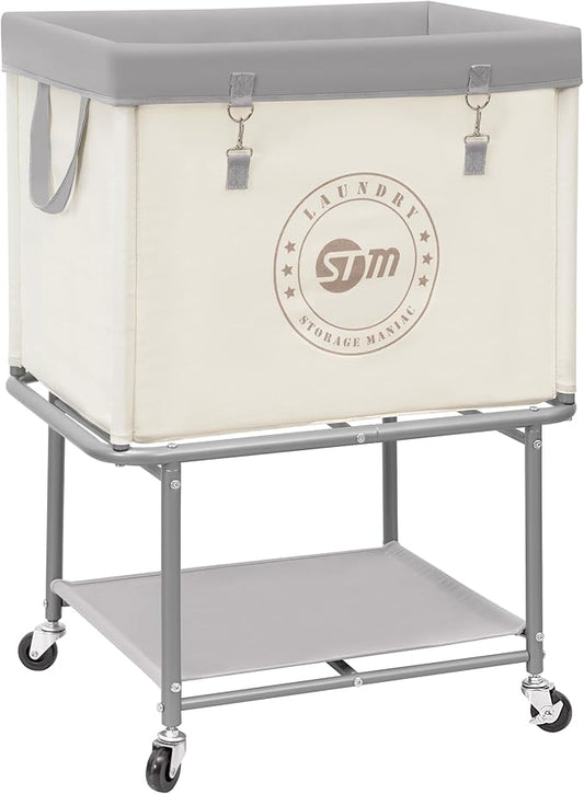 STORAGE MANIAC Rolling Laundry Cart with Storage Shelf, Heavy Duty Industrial Laundry Basket with Wheels, Commercial Metal Frame Clothes Hamper with Canvas Bag for Dorm, Closet, Bedroom, Beige