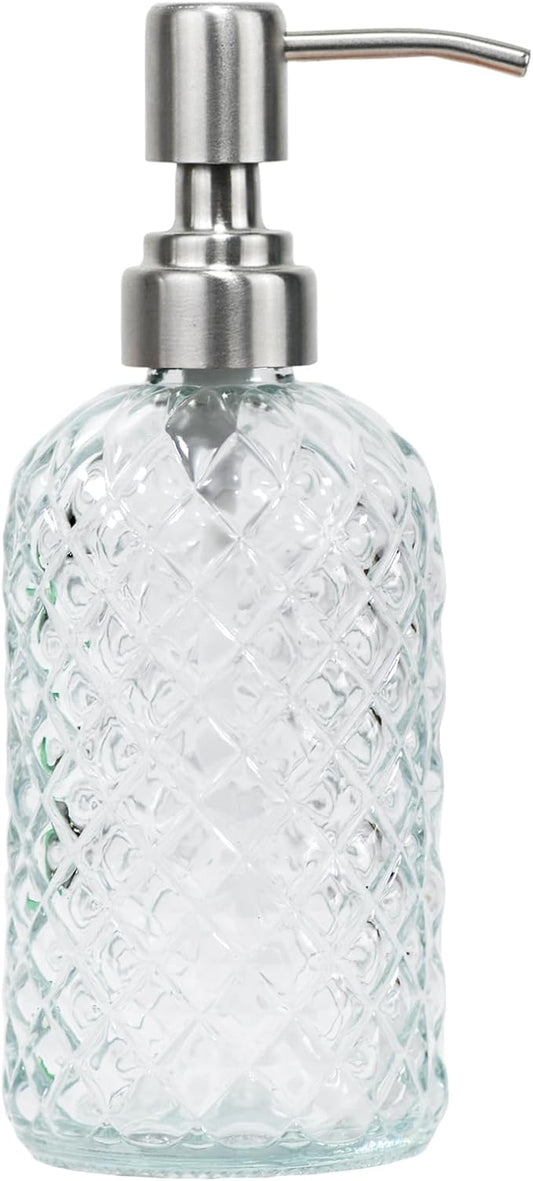 16 Oz Soap Dispenser with 304 Rustproof Stainless Steel Pump, Kitchen, Bathroom Soap Dispenser， Refillable Liquid Glass Soap Dispenser for Hand Soap, Soap, Lotion. (Clear)