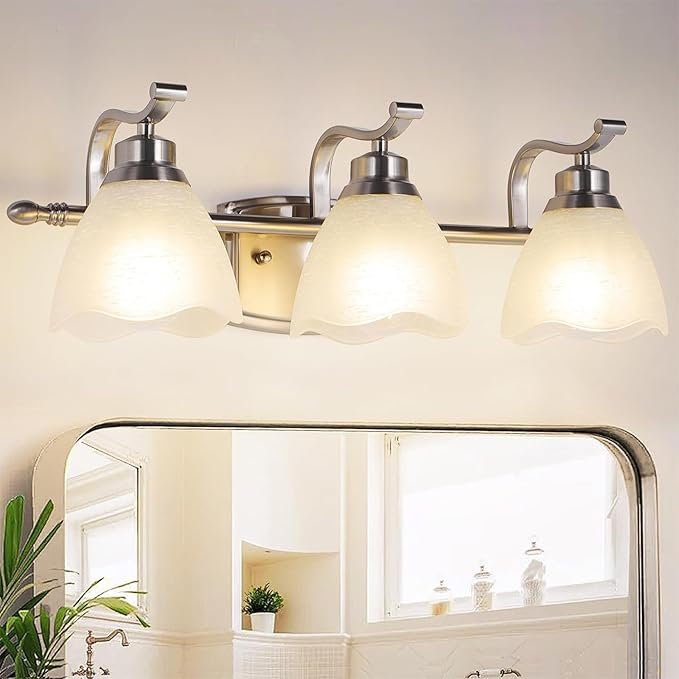 WJShome 19.5" Bathroom Light Fixtures, 3-Light Vanity Lights with Frosted Glass Shades, Brushed Nickel Wall Sconces, for Mirror Bedroom Hallway Cabinet