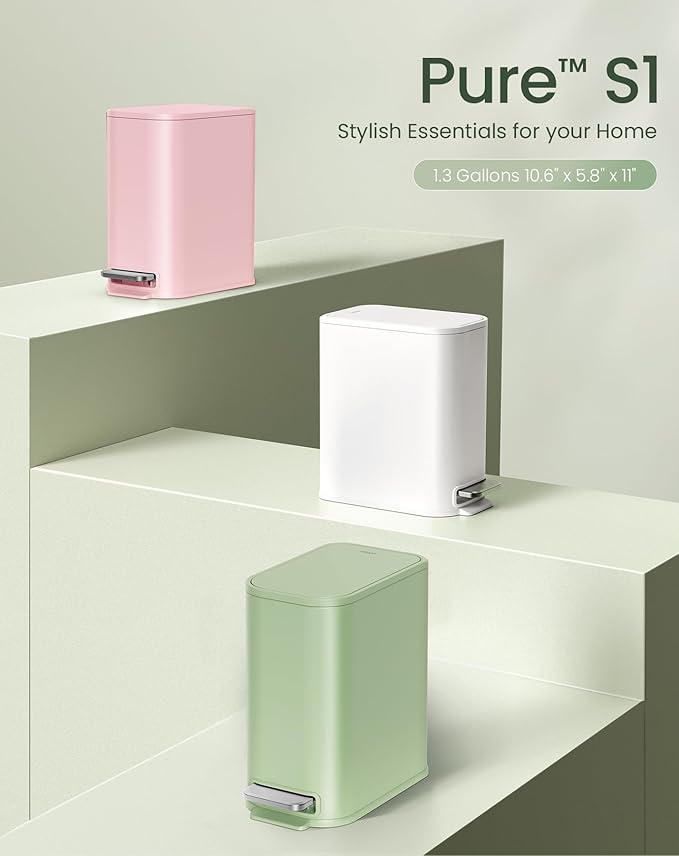 Cesun Small Bathroom Trash Can with Lid Soft Close, Step Pedal, 5 Liter / 1.3 Gallon Stainless Steel Garbage Can with Removable Inner Bucket, Waste Basket for Bathroom, Bedroom (Green)