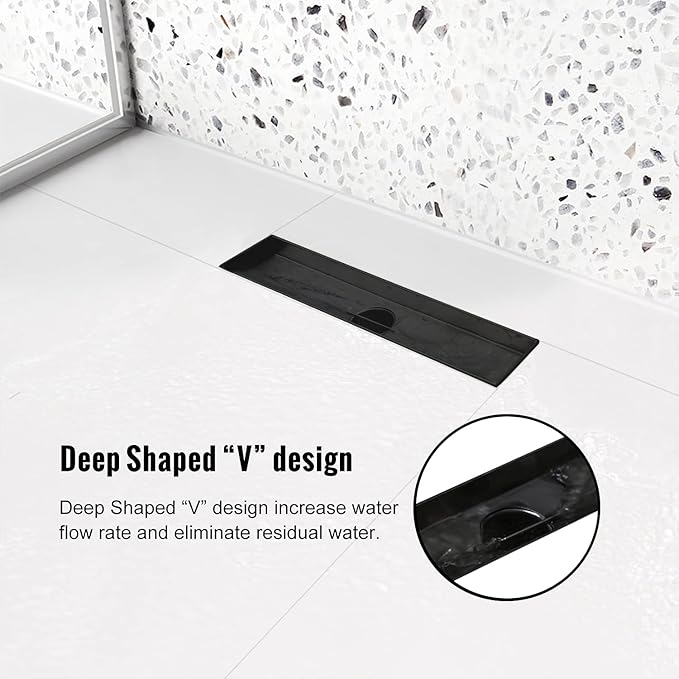 Linear Shower Drain, 12 inch Black Drain with Tile Insert 2-in-1 Panel, Brushed 304 Stainless Steel Shower Floor Drain, Linear Drain with Hair Strainer and Adjustable Feet