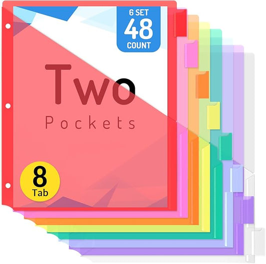 Forvencer 48 Count Dividers with Two Pockets, 8 tabs Binder Dividers for 3 Ring Binder Organizer, Multicolor, 6 Sets
