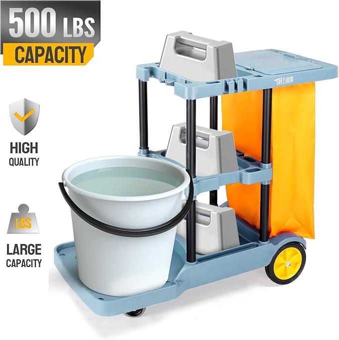 TUFFIOM Commercial Traditional Cleaning Janitorial 3-Shelf Cart, 500 Lbs Capacity Housekeeping Cart, 42.5" L x 18.7" W x 37.6" H, Wheeled with 22 Gallon Yellow Vinyl Bag and Cover w lid, Blue