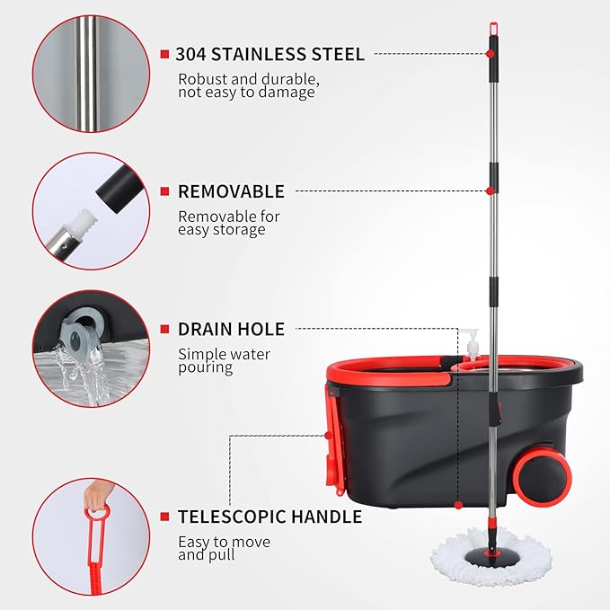 Spin Mop and Bucket with Wringer Set on Wheels, 360° Spinning Mop Bucket System with 3 Microfiber Mop Replacement Heads and 61" Stainless Steel Adjustable Handle for Floor Cleaning (25QT)