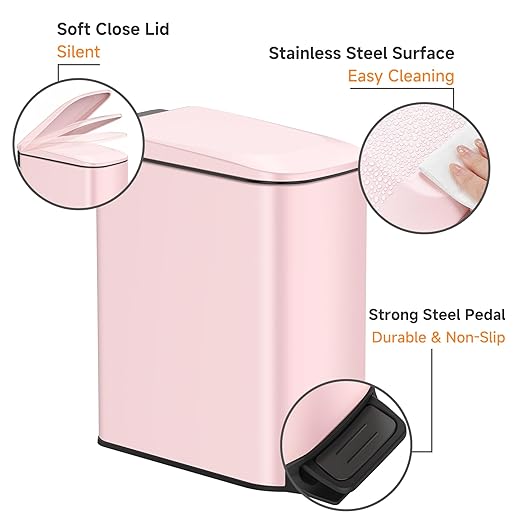 TIPGO Slim Bathroom Trash Can with Lid Soft Close, 6 Liter / 1.6 Gallon Stainless Steel Garbage with Removable Inner Bucket, Small Trash Bins for Bedroom, Office (Pink)
