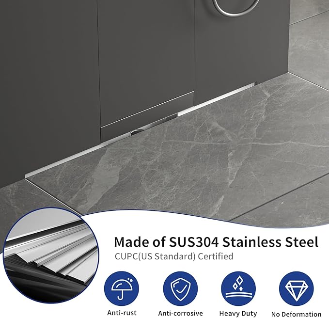 Linear Wall Drain 30’’, 304 Stainless Steel Side Drain w/Tiled Grate & Hair Strainer, Brushed Tiled Shower Drain for Bathroom, CUPC Certified