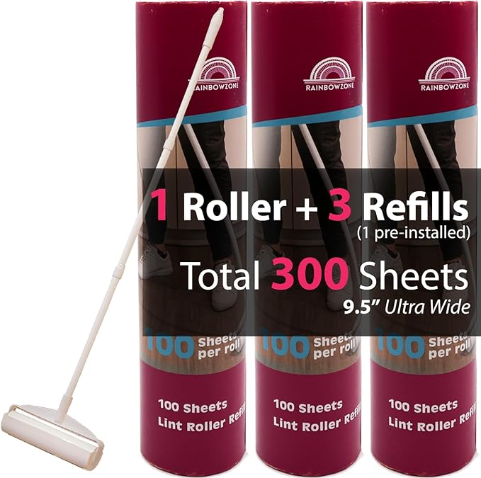 RainbowZone Large Lint Roller with 3 Refills, 9.5" Extra Wide – Total 300 Super Sticky Sheets – Extendable Long Handle Lint Roller for Pet Hair Removal, Furniture, Carpet & Household Cleaning