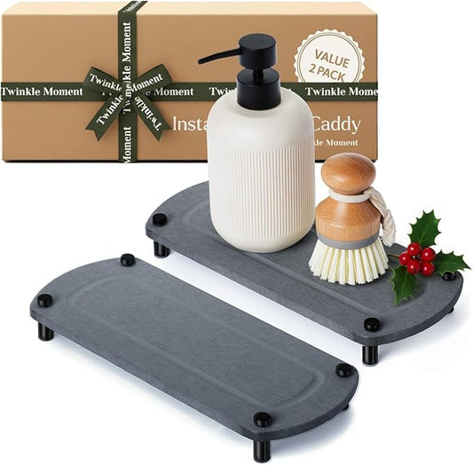 2PCS Water Absorbing Stone Soap Tray for Kitchen Bathroom Sink, Quick Dry Diatomaceous Earth Drying Rack and Shower Caddy, Soap Dispenser and Sponge Holder Organizer for Countertop, TWINKLE MOMENT; Dark Gray
