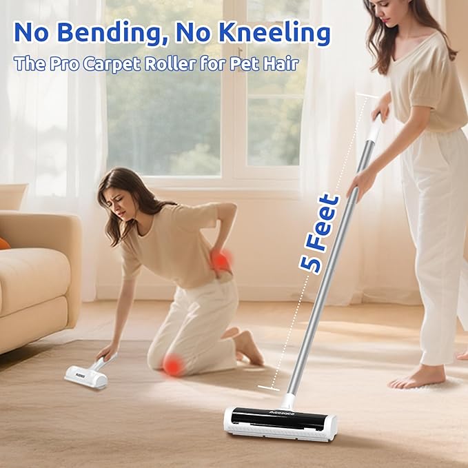ACE2ACE A3 Pro Carpet Roller for Pet Hair, Carpet Pet Hair Removal Tool, Reusable Large Lint Rollers, 5 Feet Long Handle No Bending No Kneeling, Cat Dog Hair Remover for Carpet, Rugs, Mats, Black