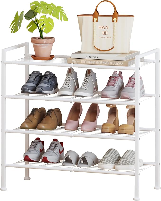 4-Tier Shoe Rack,Metal White Shoe Storage Organizer Shelf for Closet,Entryway,Hallway,Dorm (White, 4 Tier)