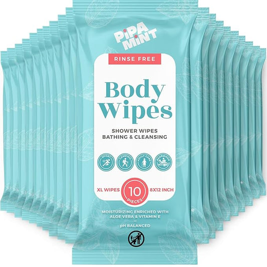 Body Wipes XL Shower Wipes Body Wipe for Adults Bathing, Traveling, Camping, Gym, Car, Elderly, Bedridden - Disposable Washcloths for Adults No Rinse 1 Box, Aloe 20 Pack (200 ct)