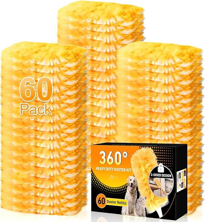 60 Count Heavy Duty Duster Refills for Swiffer, Multisurface 360° Larger Size Dusters with 4X Microfibers, Disposable Dusters for Pet, Cleaning Home, Blinds, Fans, Corners (60 pcs-Orange)
