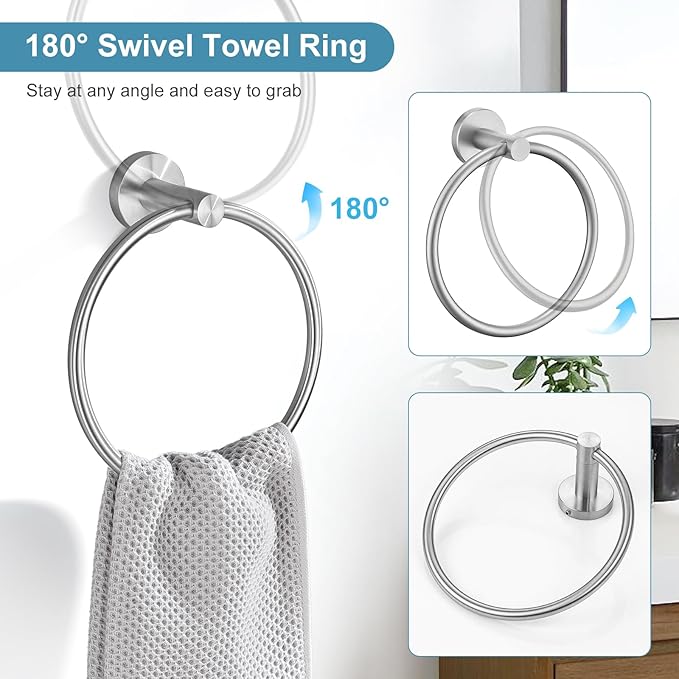 TQKAG 8-Pieces Bathroom Hardware Set Brushed Nickel SUS304 Stainless Steel Bath Towel Bar Set 23.6 Inch Round Bathroom Accessories Kit Wall Mounted