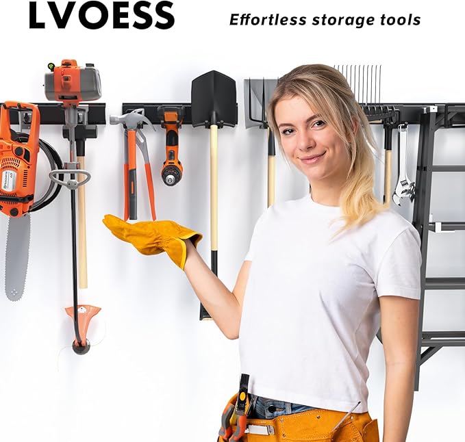 64 Inches Garage Storage, Garage Organization, Wall Mount Garden Tool Organizer, Max 620lbs Adjustable Metal Hooks, Yard Shed Rack, Tool Holder for Hanging Rake Broom Mop Snowboard